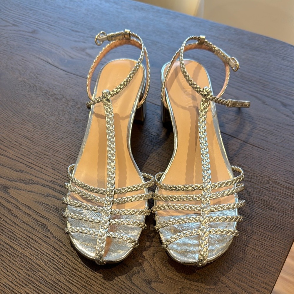 J. Crew Shay Braided Metallic Leather T-strap Midheel Sandal white gold. Worn 1X